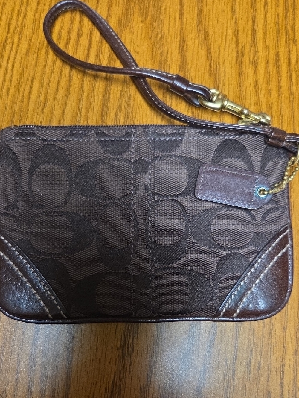 BRAND NEW, Coach Dark Brown Signature Canvas Wristlet with Gold Hardware